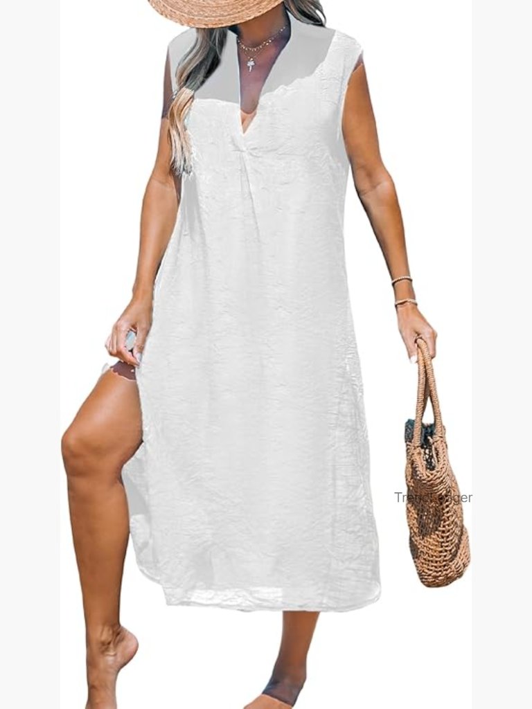 Sleeveless V Neck Midi Beach Coverup Dress Side Split